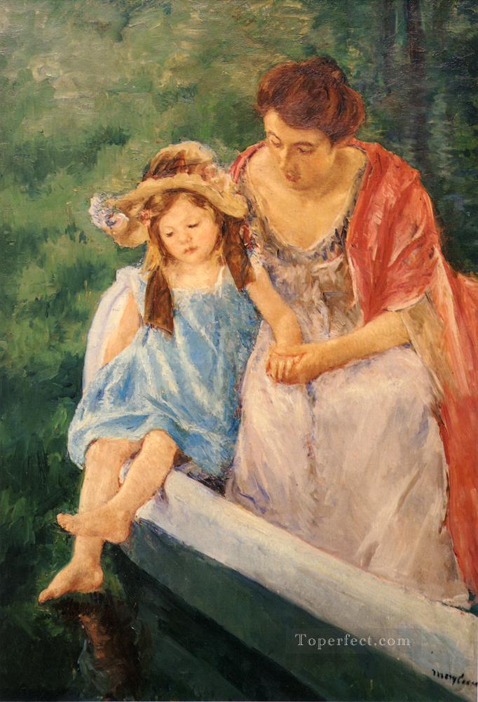 ボートに乗った母と子 印象派 母親の子供たち メアリー・カサット油絵